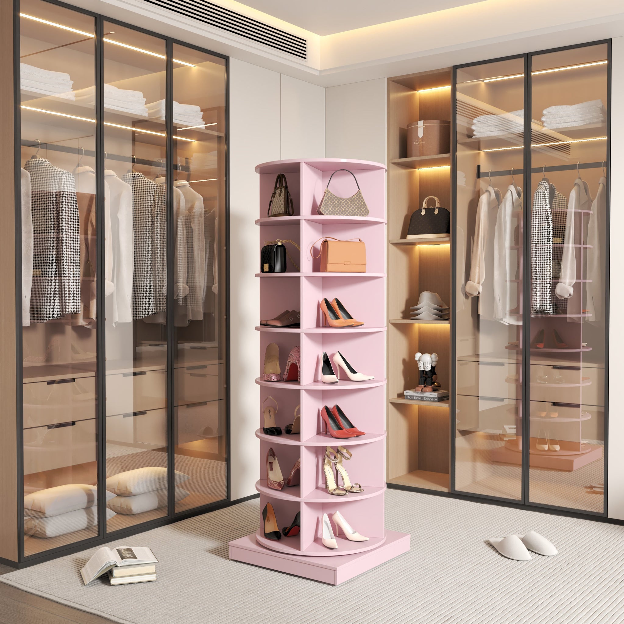 Pink 360 Rotating Shoe Cabinet 6 Layers Pink Plywood